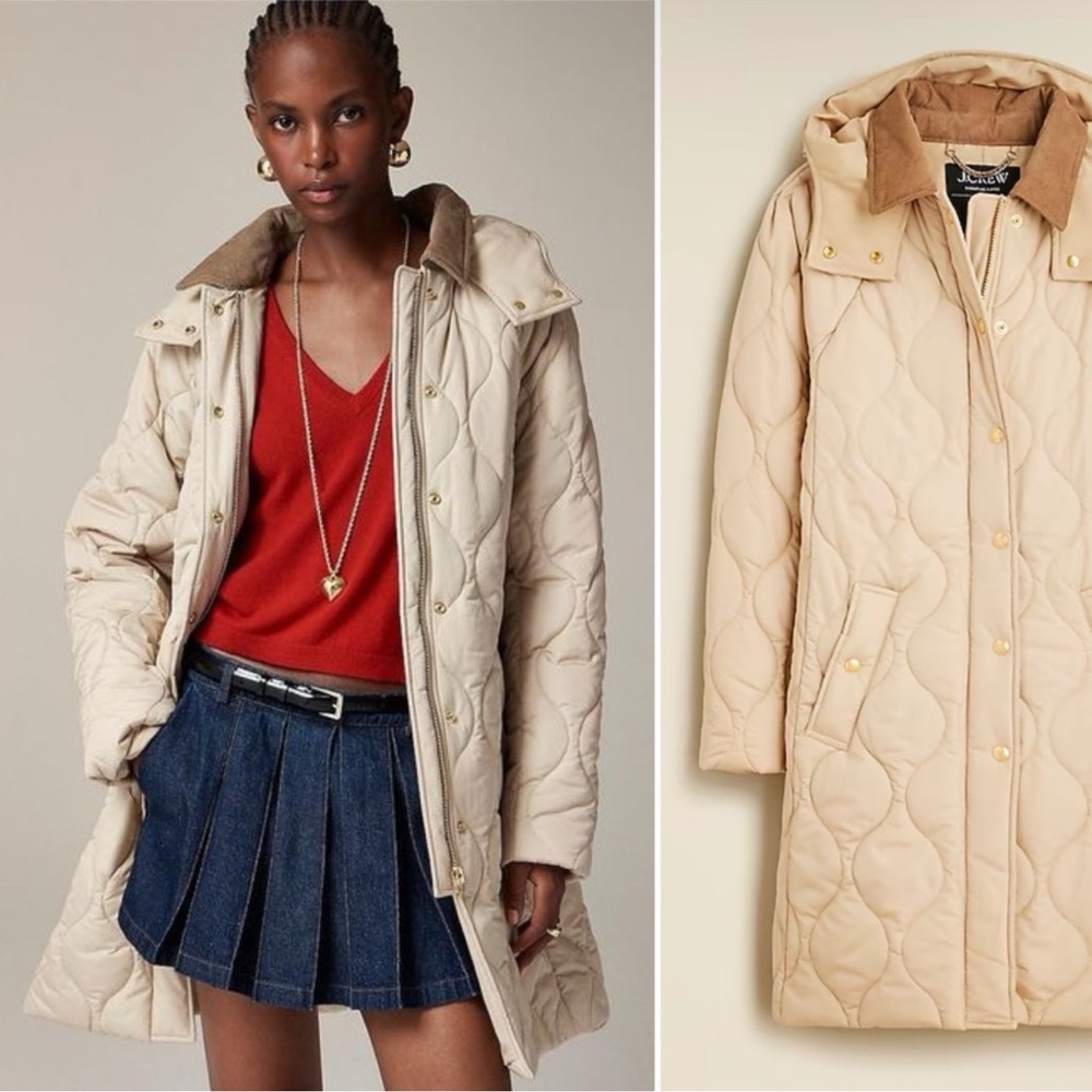 J. Crew Cream and Brown Puffer Jacket with Oversized Collar